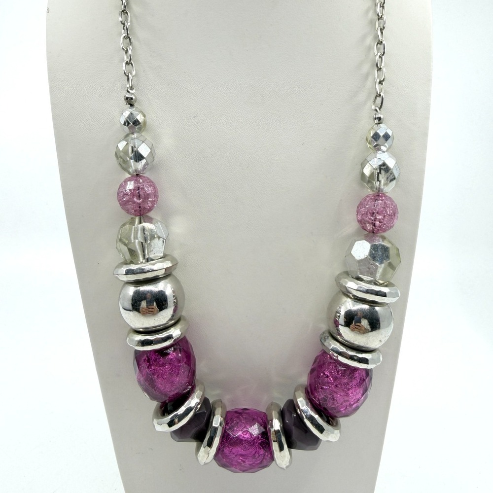 Y2K Magenta & Silver Beaded Necklace - Boho Fashion Jewelry Gift